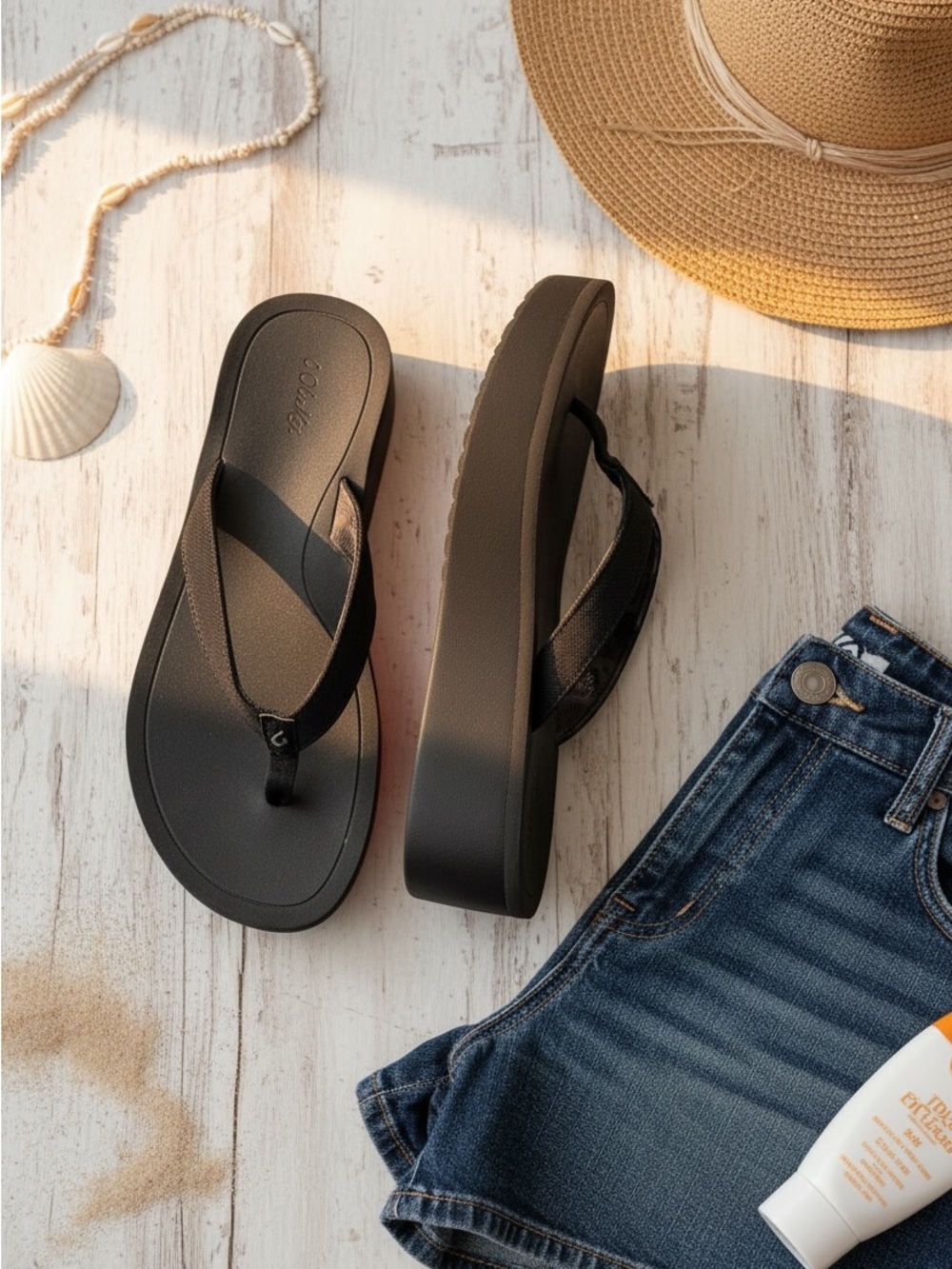 OluKai Black Platform Flip Flop Sandals